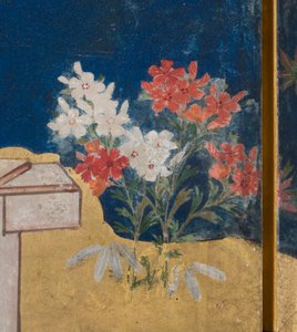 (dettaglio) Primavera nel Palazzo, schermo a sei pieghe da Il Racconto di Genji, c.1650 (inchiostro, colori e oro su carta) da Japanese School