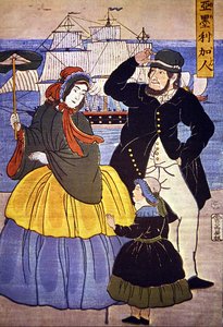 Famiglia europea sul fronte del porto di Yokohama dipinta da un artista giapponese nel 1861 da Japanese School