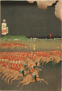 Truppe francesi e britanniche impegnate in manovre di addestramento militare, Yokohama, Giappone. Esercizio di cavalleria britannica. Parte del trittico di Taiso Yoshitoshi (1839-1892) artista giapponese Ukiyo-e. Cavallo da Japanese School