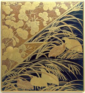 Astuccio in pietra calcarea con disegno di erba della pampa e quaglia, periodo Edo, 1630 circa (legno laccato con oro, pietra calcarea e argento) da Japanese School