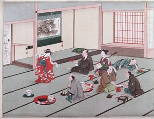 Giapponesi che mangiano, bevono e si divertono in una casa da tè da Japanese School