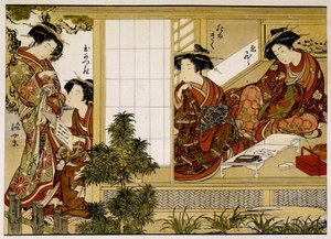 Donne giapponesi che scrivono e leggono. Stampa del XVIII secolo da Japanese School