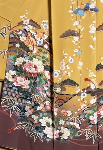 Kimono Furisode (maniche svolazzanti) indossato da giovani donne non sposate in occasioni eleganti e Maiko (apprendista Geisha), seta liscia, motivi floreali, nastri fluttuanti, tintura Kaga-Yuzen, telai di tessitura Tokamachi, civiltà giapponese, XX secol da Japanese School