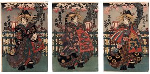 Cortigiane Shigeoka, Sugatano e Hanamurasaki. Trittico. Dalla serie Le bellezze di Yoshiwara da Japanese School