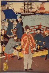 Una stampa di trittico che mostra mercanti europei che si ristorano con giapponesi. Sullo sfondo ci sono navi nel porto di Yokohama, Giappone