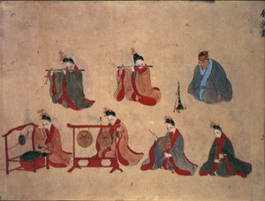 Sette musicisti seduti, dalle esibizioni musicali di Ryukyu, c.1800-50