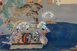 Barca a remi, illustrazione per Eiga Monogatari, di Akazome Emon, Giappone da Japanese School