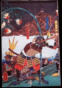 Samurai che mostrano le teste mozzate dei loro nemici su canne di bambù, sewamono (dramma domestico) da Japanese School