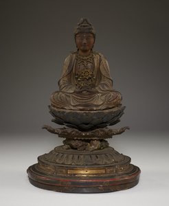 Miroku Bosatsu seduto (legno policromo con cristallo, metallo e foglia d