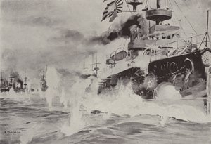 La Mikasa che combatte coraggiosamente contro la squadra russa al largo di Port Arthur il 10 agosto da Japanese School
