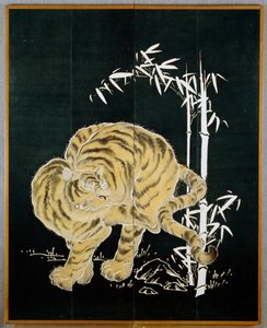 Tigre e bambù, motivo su paravento di cotone a due ante (byobu), amido di riso e indaco con pigmenti, civiltà giapponese, periodo Meiji-Taisho da Japanese School