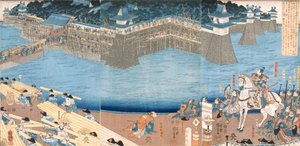 Trittico che mostra un forte in costruzione presso il Fiume Kunigos da Japanese School