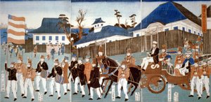 Trittico che mostra una parata di stranieri a Yokohama, in una carrozza aperta trainata da cavalli e guidata da un uomo che porta la bandiera a stelle e strisce, e una banda militare (1861) da Japanese School