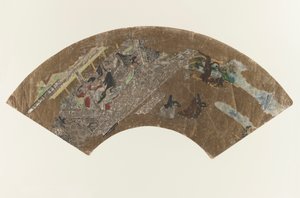 Senza titolo - dipinto a forma di ventaglio di signore sedute in un padiglione che giocano, 1603-1868 da Japanese School