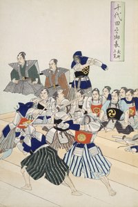 Signore della guerra osserva i samurai che praticano il combattimento con la spada, dettaglio che mostra insegnanti e allievi che osservano, da un album di xilografie del XIX secolo