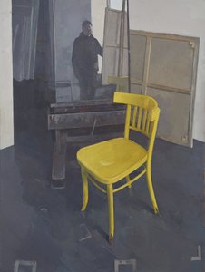 Interno di studio con sedia gialla, 2023 (olio su tela)