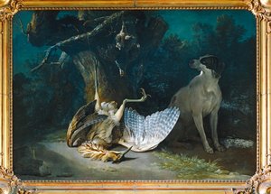 Butor et perdrix gardes par un chien blanc - Tarabuso e pernice gardati da un cane bianco ...