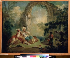 Orientalismo: "Pasha turco e odalisca sdraiati su un tappeto, serviti da un domestico nero" Dipinto di Jean Baptiste Hilaire (1753-circa 1822) da Jean Baptiste Hilaire