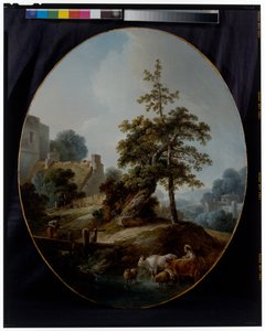 Paesaggio con un giovane ragazzo e una pastorella con mucche e pecore da Jean Baptiste Huet
