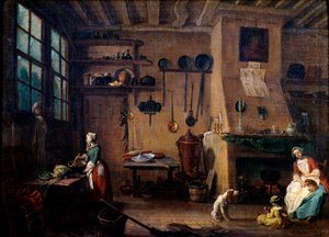 Interno di cucina nel XVIII secolo. Un cuoco prepara un pasto. Sullo sfondo si vedono gli utensili da cucina appesi lungo la parete.