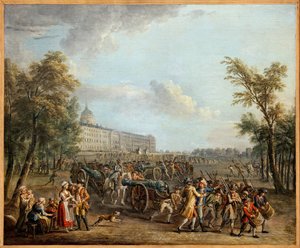 Saccheggio delle armi agli Invalides, il popolo di Parigi, dopo aver preso possesso del Garde Meuble il 13 luglio, invase gli Invalides il 14 luglio 1789, e prese 4 cannoni e 34.000 fucili da Jean Baptiste Lallemand