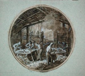 La bottega dei fabbricanti di zoccoli, disegno per un servizio che raffigura diversi mestieri, c.1820-35