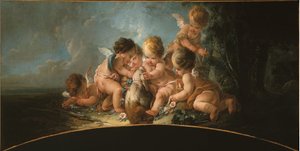 Gruppo di sei amanti che giocano con un cane, circa 1761