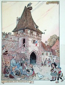 Un soldato francese che insegna il francese ai bambini alsaziani che sono diventati di nuovo cittadini francesi, illustrazione da 
