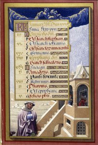 Gennaio: Casa in inverno (Acquario) - facsimile delle Ore di Anna di Bretagna, di Jean Bourdichon