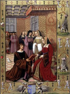 Jean Marot offre il suo libro, Le Voyage de Genes, alla regina Anna di Bretagna (dopo un