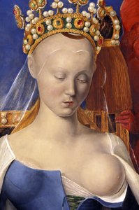 (dettaglio) della Vergine che allatta raffigurata come Agnese Sorel (dopo la Vergine di Anversa, di Jean Fouquet, circa 1452-1455)