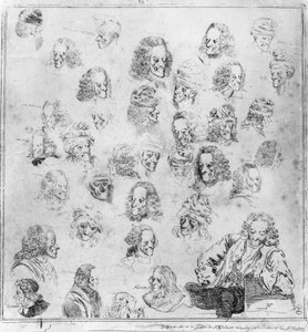 Diversi ritratti di Voltaire. Ritratti di François Marie Arouet, detto Voltaire (1694-1778) "diverse fisionomie di Voltaire". Acquaforte attribuita a Dominique Vivant-Denon (Vivant Denon) (1747-1825) dopo Jean Huber (1721-1786). Museo C da Jean (after) Huber