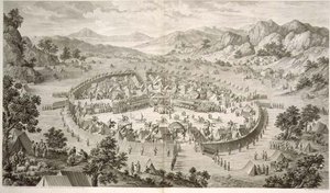 Tchao-Hoei Occupa le sue Truppe con Esercizi e Giochi Militari nel 1758, tavola 5 da una serie di stampe che rappresentano le conquiste di Qianlong, l
