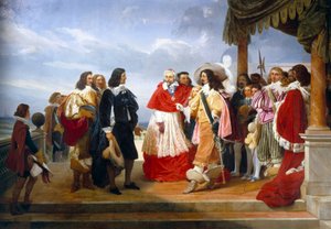 Nicolas Poussin, pittore francese arrivato da Roma, è presentato a Luigi XIII re di Francia dal cardinale Richelieu (dettaglio) da Jean Alaux