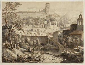 Un artista che disegna lungo una riva del fiume, sotto una città italiana, c.1780 da Jean Antoine Constantin