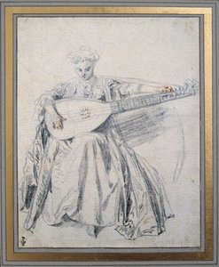 Un suonatore di liuto (disegno a mina di piombo e sanguigna di Jean Antoine Watteau, XVIII secolo)