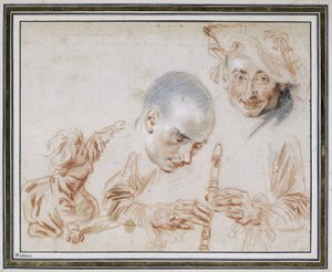 Bambino accovacciato, due teste maschili, una con berretto, braccia e mani di un suonatore di flauto da Jean Antoine Watteau