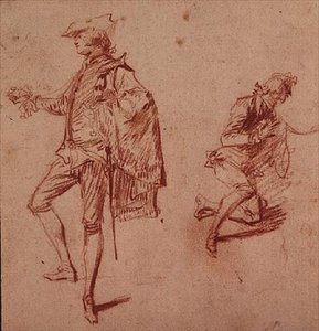 Disegno di un giovane in piedi e un altro inginocchiato da Jean Antoine Watteau