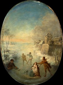 Gentiluomini sul ghiaccio vicino a una città murata in inverno