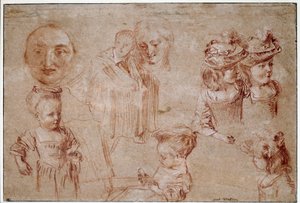 Maschera di Pierrot, cinque ragazze in busto, un uomo drappeggiato e il volto di una donna da Jean Antoine Watteau