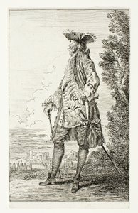 Uomo in piedi con cappello, rivolto a sinistra, da Figures de Modes