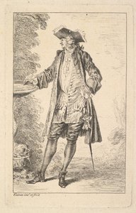 Uomo in piedi con la mano destra appoggiata su un bacino, mostrato in vista di tre quarti, ca. 1710 da Jean Antoine Watteau