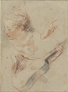 Foglio di studio con testa di ragazza che guarda in basso, una chitarra e le mani che la suonano da Jean Antoine Watteau