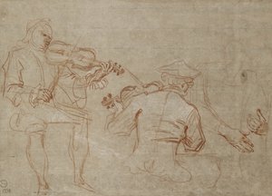 Studio di due violinisti e una coppia di mani, che tengono un braccio da Jean Antoine Watteau