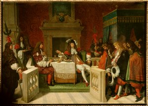 Luigi XIV e Molière: Re Luigi XIV (1638-1715) e Jean Baptiste Poquelin detto Molière (1622-1673) a tavola davanti ai cortigiani