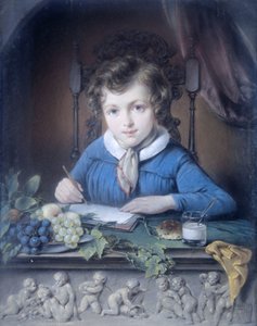 Ritratto di un ragazzo, seduto in una nicchia della finestra e vestito con una giacca blu da Jean Augustin Daiwaille (attributed to)