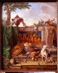 Placca raffigurante le cacce di Luigi XVI: dettaglio di un cane che custodisce la selvaggina da Jean Baptiste (after) Oudry