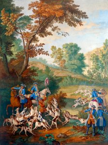 Placca raffigurante le cacce di Luigi XVI: la piccola cura dei giovani cani o il forum alla fine della cura da Jean Baptiste (after) Oudry