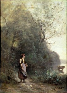 Una contadina che pascola una mucca al margine di una foresta, c.1865-70 da Jean Baptiste Camille Corot