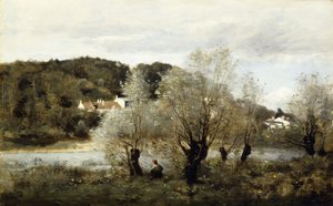 Pescatore al bordo di uno stagno nel villaggio di Avary da Jean Baptiste Camille Corot